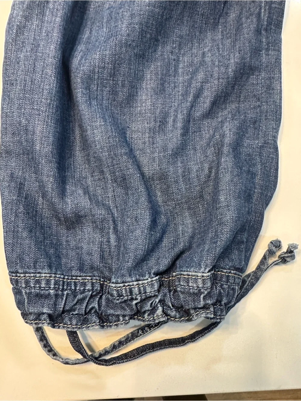 Embroidered Mid-Blue Cropped Cargo Jeans with Drawstring Cuffs